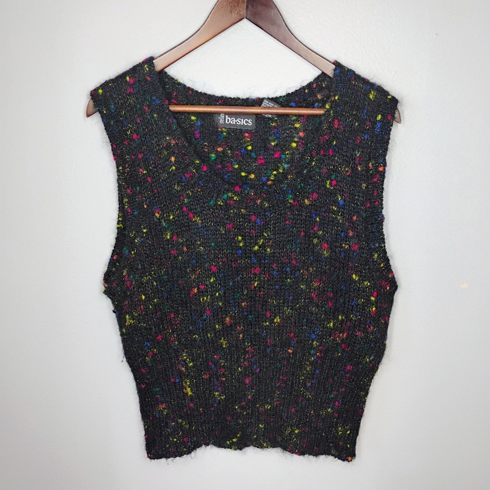 Vintage 90s Stefano Basics Mohair Sweater Vest Black Rainbow Confetti Knit Large